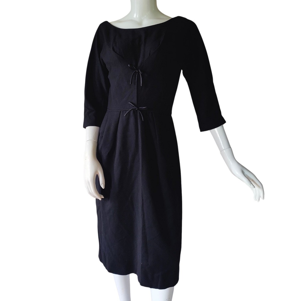 Vintage 1950s Carol Craig Black Wool Wiggle Dress Rockabilly LBD Pencil Pin Up